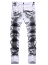Load image into Gallery viewer, White and Black Printed Men&#39;s Stretch Slim Cat Whiskers Jeans Casual Trousers
