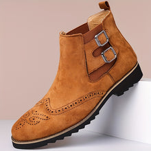 Load image into Gallery viewer, Men&#39;s High-Top Chelsea Boots with Brogue Detailing - Fashionable &amp; Business-Oriented, Solid Color Elastic Band Slip-On Shoes with Double Buckle, Round Toe PU-Lined Fabric Upper with Rubber Sole.
