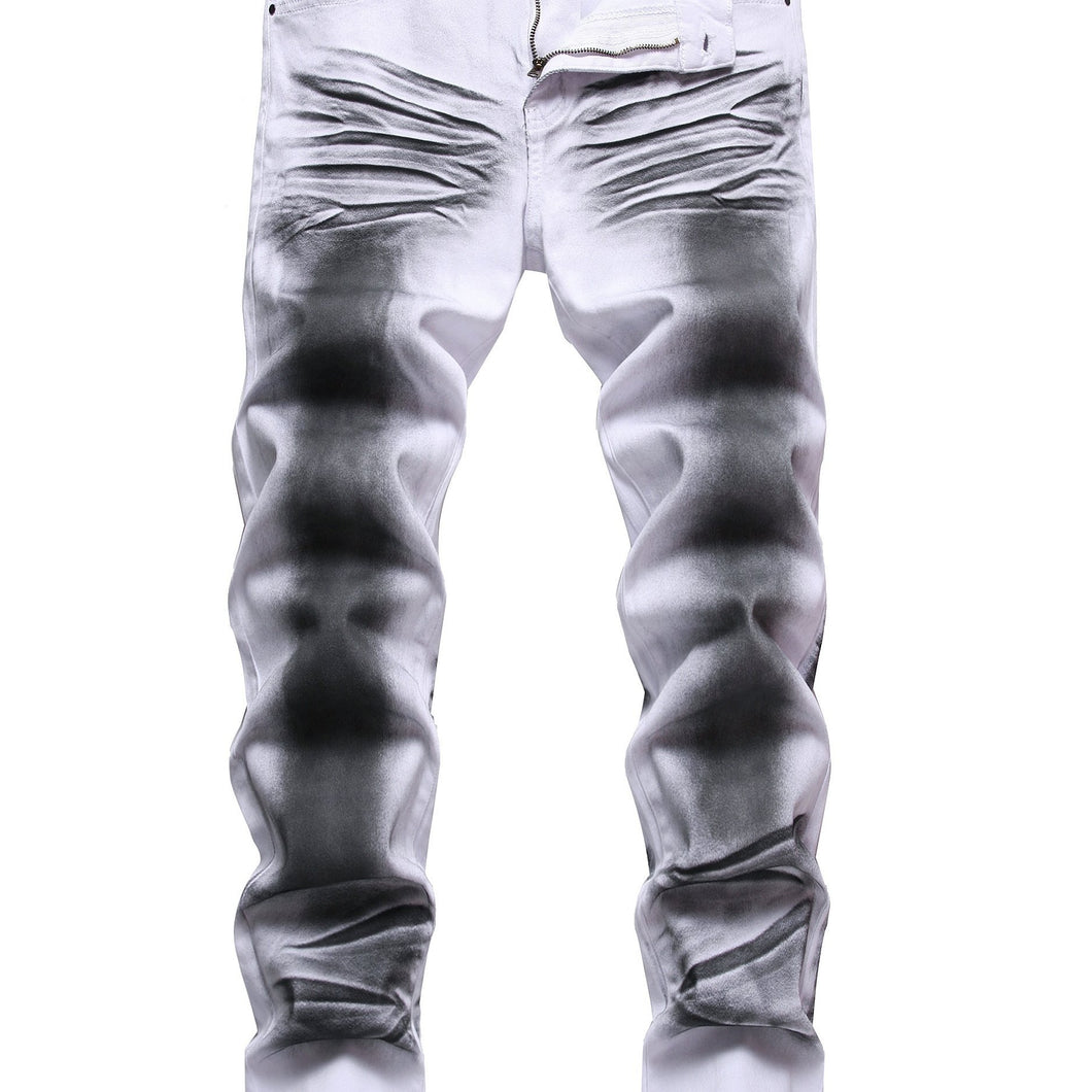 White and Black Printed Men's Stretch Slim Cat Whiskers Jeans Casual Trousers