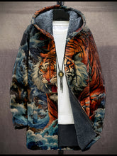 Load image into Gallery viewer, Men&#39;s Winter Hooded Coat - Full-Zip Long Jacket with Tiger Graphic, Warm &amp; Breathable Cold Weather Outerwear.
