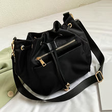 Load image into Gallery viewer, Nylon Messenger Bag, Black Camouflage Pattern, Drawstring Closure, Polyester Lined, Painted Edges, Casual Travel Shoulder Bag
