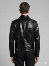 Load image into Gallery viewer, Black Men Slim for Leather Jacket New Biker Style Croc Print

