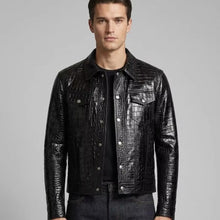 Load image into Gallery viewer, Black Men Slim for Leather Jacket New Biker Style Croc Print
