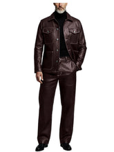 Load image into Gallery viewer, Men's 2 Piece PU Leather Suit Set Multi Pocket Shirt Collar Trucker Jacket Straight Leg Pants
