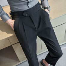 Load image into Gallery viewer, British Style Men High Waist Casual Dress Pant Men Belt Design Slim Trousers
