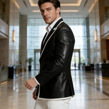 Load image into Gallery viewer, Men's Dress Leather Jacket Double Breasted Contrast Notched Lapel Slim Fit
