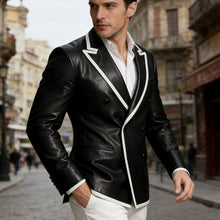 Load image into Gallery viewer, Men's Dress Leather Jacket Double Breasted Contrast Notched Lapel Slim Fit
