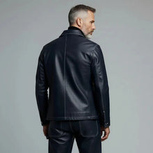 Load image into Gallery viewer, Men's 2 Piece PU Leather Suit Set Multi Pocket Shirt Collar Trucker Jacket Straight Leg Pants
