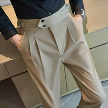 Load image into Gallery viewer, British Style Men High Waist Casual Dress Pant Men Belt Design Slim Trousers
