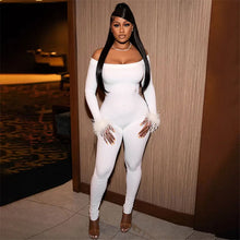 Load image into Gallery viewer, Women's Feather Patchwork Jumpsuit With Feathered Cuffs
