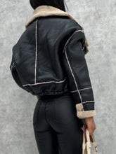 Load image into Gallery viewer, Women's Faux Leather Biker Jacket with Faux Fur Trimmed Collar
