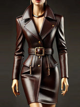 Load image into Gallery viewer, Women PU Leather Dress Lapel Collar Button Long Sleeve with Belt Casual Vintage
