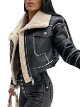 Load image into Gallery viewer, Women's Faux Leather Biker Jacket with Faux Fur Trimmed Collar
