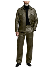 Load image into Gallery viewer, Men's 2 Piece PU Leather Suit Set Multi Pocket Shirt Collar Trucker Jacket Straight Leg Pants
