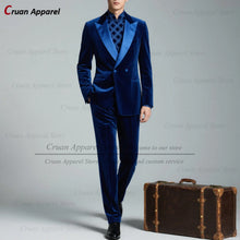 Load image into Gallery viewer, Classic Double Breasted Suit Sets For Men Fashion Royal Blue Velvet Blazer Pants 2 Pieces Evening Dinner Male Formal Outfits
