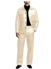 Load image into Gallery viewer, Men's 2 Piece PU Leather Suit Set Multi Pocket Shirt Collar Trucker Jacket Straight Leg Pants
