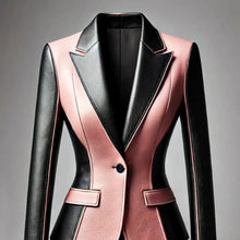 Load image into Gallery viewer, Women&#39;s Faux Leather Blazer Colorbloack Notched Lapel Single-Button Long Sleeve PU Jacket Elegant Office Lady Outerwear Tops
