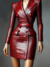 Load image into Gallery viewer, PU Leather Dresses for Women Lapel Collar Double Breasted Alligator Pattern Belt Mini Dress Long Sleeve Elegant Dress
