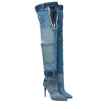 Load image into Gallery viewer, Women's Washed Denim Over-The-Knee Boots

