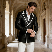 Load image into Gallery viewer, Men's Dress Leather Jacket Double Breasted Contrast Notched Lapel Slim Fit
