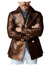 Load image into Gallery viewer, Men's Crocodile Embossed Leather Peacoat Double Breasted Gold Button Jacket Luxury Casual Overcoat

