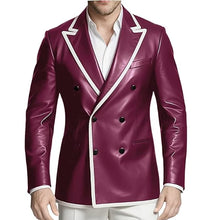 Load image into Gallery viewer, Men's Dress Leather Jacket Double Breasted Contrast Notched Lapel Slim Fit
