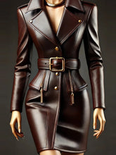 Load image into Gallery viewer, Women PU Leather Dress Lapel Collar Button Long Sleeve with Belt Casual Vintage
