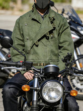 Load image into Gallery viewer, Swedish motorcycle jacket, men's retro military green casual cropped jacket, 100% cotton canvas workwear asymmetric safari style

