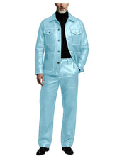 Load image into Gallery viewer, Men's 2 Piece PU Leather Suit Set Multi Pocket Shirt Collar Trucker Jacket Straight Leg Pants
