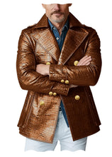 Load image into Gallery viewer, Men's Crocodile Embossed Leather Peacoat Double Breasted Gold Button Jacket Luxury Casual Overcoat
