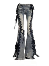 Load image into Gallery viewer, Retro Eyelets Lace Up Flare Jeans Stitch Lace Whiskers Low Rise Split Bootcut
