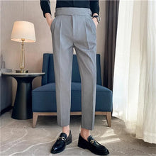 Load image into Gallery viewer, British Style Men High Waist Casual Dress Pant Men Belt Design Slim Trousers
