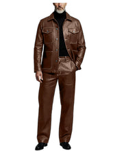 Load image into Gallery viewer, Men's 2 Piece PU Leather Suit Set Multi Pocket Shirt Collar Trucker Jacket Straight Leg Pants
