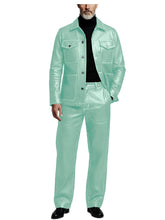 Load image into Gallery viewer, Men's 2 Piece PU Leather Suit Set Multi Pocket Shirt Collar Trucker Jacket Straight Leg Pants
