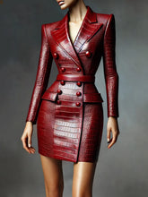 Load image into Gallery viewer, PU Leather Dresses for Women Lapel Collar Double Breasted Alligator Pattern Belt Mini Dress Long Sleeve Elegant Dress
