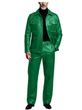 Load image into Gallery viewer, Men's 2 Piece PU Leather Suit Set Multi Pocket Shirt Collar Trucker Jacket Straight Leg Pants
