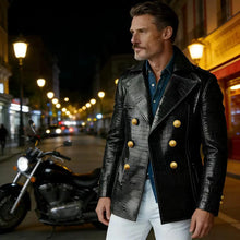 Load image into Gallery viewer, Men's Crocodile Embossed Leather Peacoat Double Breasted Gold Button Jacket Luxury Casual Overcoat
