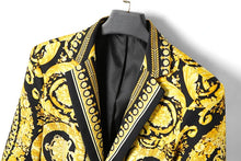 Load image into Gallery viewer, Luxury Brand Gold Floral Black Blazer Jacket High Quality Men Peak Lapel Baroque Suit Jacket

