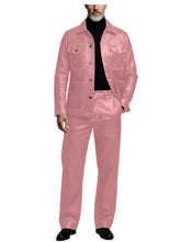 Load image into Gallery viewer, Men's 2 Piece PU Leather Suit Set Multi Pocket Shirt Collar Trucker Jacket Straight Leg Pants
