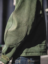 Load image into Gallery viewer, Swedish motorcycle jacket, men's retro military green casual cropped jacket, 100% cotton canvas workwear asymmetric safari style
