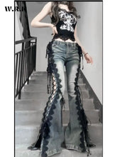 Load image into Gallery viewer, Retro Eyelets Lace Up Flare Jeans Stitch Lace Whiskers Low Rise Split Bootcut
