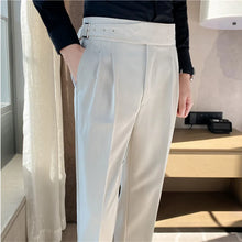 Load image into Gallery viewer, British Style Men High Waist Casual Dress Pant Men Belt Design Slim Trousers
