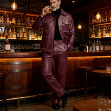 Load image into Gallery viewer, Men's 2 Piece PU Leather Suit Set Multi Pocket Shirt Collar Trucker Jacket Straight Leg Pants
