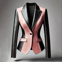 Load image into Gallery viewer, Women&#39;s Faux Leather Blazer Colorbloack Notched Lapel Single-Button Long Sleeve PU Jacket Elegant Office Lady Outerwear Tops
