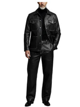 Load image into Gallery viewer, Men's 2 Piece PU Leather Suit Set Multi Pocket Shirt Collar Trucker Jacket Straight Leg Pants
