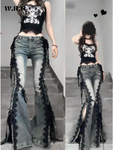 Load image into Gallery viewer, Retro Eyelets Lace Up Flare Jeans Stitch Lace Whiskers Low Rise Split Bootcut
