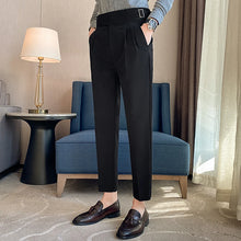 Load image into Gallery viewer, British Style Men High Waist Casual Dress Pant Men Belt Design Slim Trousers
