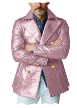 Load image into Gallery viewer, Men's Crocodile Embossed Leather Peacoat Double Breasted Gold Button Jacket Luxury Casual Overcoat
