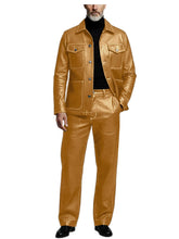 Load image into Gallery viewer, Men's 2 Piece PU Leather Suit Set Multi Pocket Shirt Collar Trucker Jacket Straight Leg Pants
