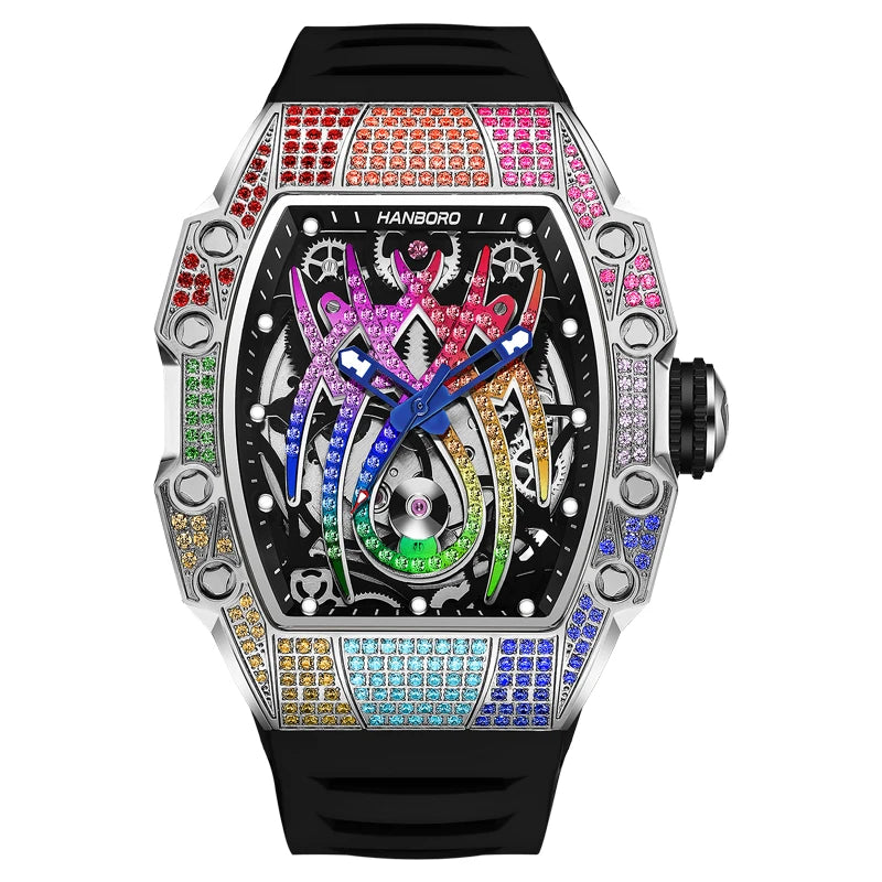 RM Style Men's Automatic Watch Tonneau Mechanical Wristwatch 50m Waterproof Skeleton Spider Dial Crystal Bezel